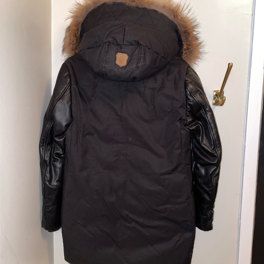 AUTHENTIC MACKAGE WOMENS BLACK LEATHER SLEEVES DOWN COAT FUR HOOD LARGE L